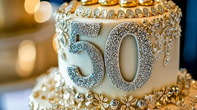 A close-up shot of a beautifully decorated cake celebrating a 50th anniversary. The cake is adorned with shimmering silver numbers and intricate golden floral designs, capturing a festive,