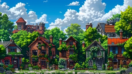 Obraz premium retro video gaming style, green town with partially abandoned houses, blue sky with fluffy clouds
