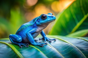 Fototapeta premium Vibrant Blue Tree Frog Sitting on a Leaf in Tropical Rainforest Environment with Soft Focus Background