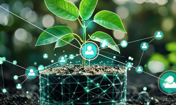 Tree growing on digital plant pot. Eco Technology and Technology Convergence. Green Computing, Green Technology, Green IT Video