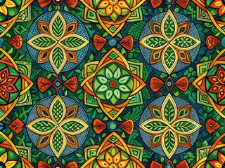 Vibrant Irish Pattern Design with Geometric Shapes and Natural Elements for Textile and Background Use