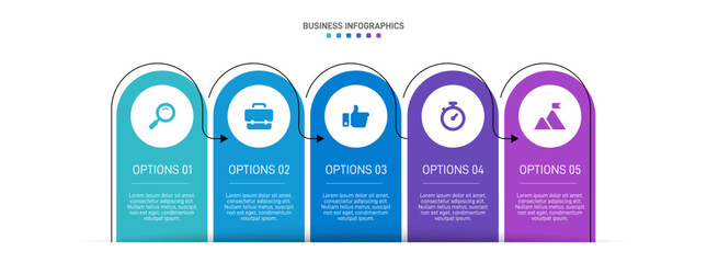 Horizontal progress bar featuring 5 arrow-shaped elements, symbolizing the five stages of business strategy and progression. Clean timeline infographic design template. Vector for presentation