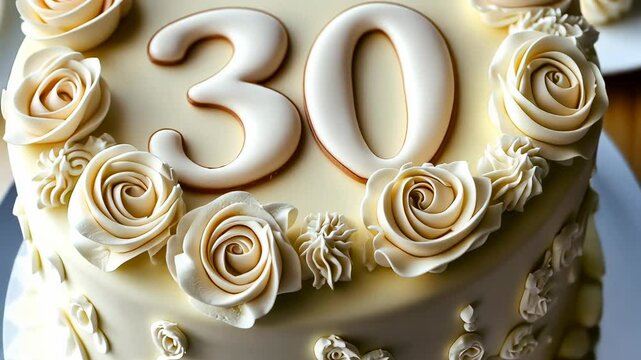 A beautifully crafted 30th birthday cake adorned with intricate cream roses sits ready to celebrate. The cake exudes elegance with its smooth white icing and detailed floral decorations, perfect for