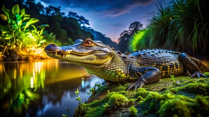 Fototapeta premium Yacare Caiman Resting on the Riverbank Surrounded by Lush Green Vegetation in Natural Habitat