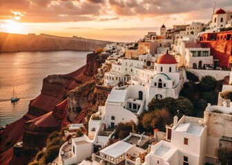 An iconic view of Santorini, Greece, with white-washed buildings perched on cliffs overlooking the...