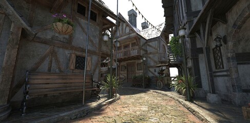 3D illustration of a medieval cobblestone street with half-timbered houses, a bench, and potted plants under a clear sky.