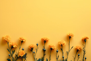 Marigolds on a yellow background.Day of the dead, Mexican holiday celebration. Hindu Puja. Festival Vishu, Ugadi or Gudi Padwa. Traditional Indian banner with copy space
