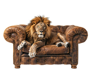 A majestic lion lounges on a luxurious leather sofa.