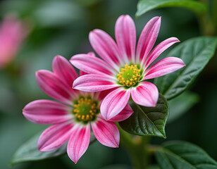 Obraz premium Close-up of pink and white dahlia flowers with green leaves.