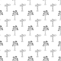 Wild west trees grow in the desert black outline seamless pattern. Western floral illustration.