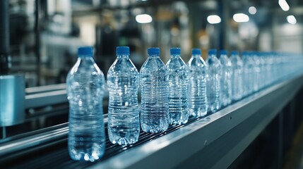 clear plastic drinking water bottles on an automated conveyor belt, modern production line in a bottling factory, industrial automation for efficient packaging and production, no label attached