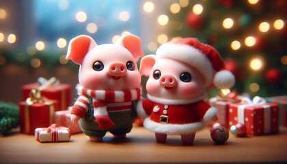 Christmas Pig Couple Celebrating with Gifts and Joy
