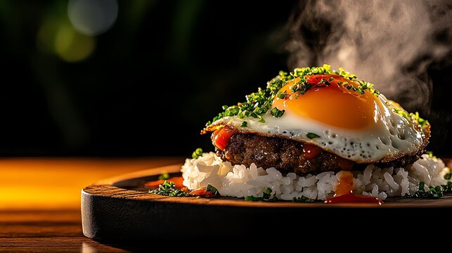 Colorful Hawaiian loco moco, rice topped with hamburger patty, fried egg, and gravy