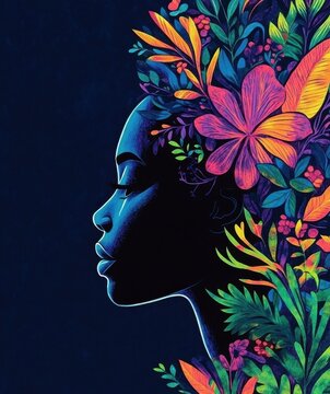 Black woman with plants and flowers in her hair, vintage colors, hand-drawn illustration