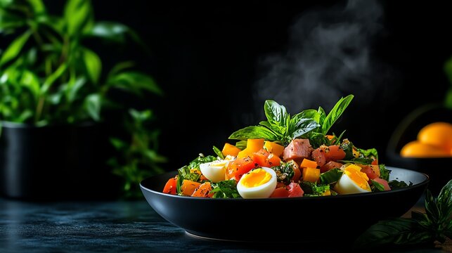 Colorful nicoise salad, composed plate with tuna, eggs, and crisp vegetables