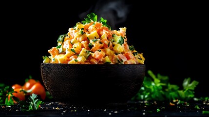 Colorful Russian olivier salad, diced vegetables and meat bound with mayonnaise
