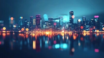 Fototapeta premium Futuristic cityscape with glowing neon lights and bokeh effect in a digital landscape