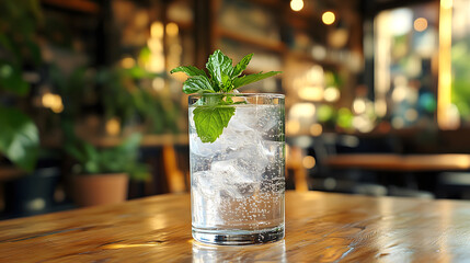 Refreshing Mint Infused Sparkling Water Glass Ice Garnish Natural Setting