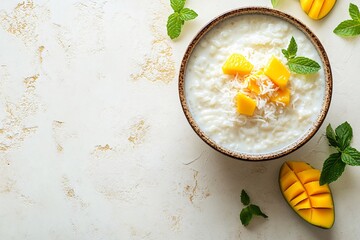 A bowl of creamy rice pudding topped with mango slices, shredded coconut, and mint leaves, on a white textured background.