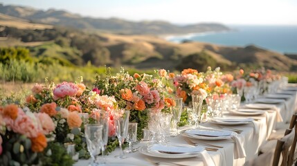 A luxurious wedding reception setup outdoors, featuring elegantly decorated tables with floral arrangements, crystal glassware, and soft lighting