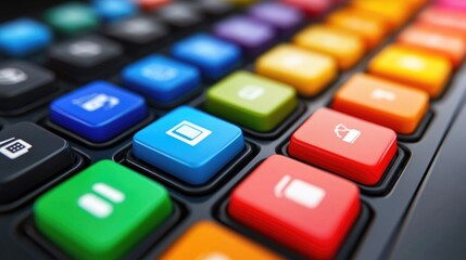 A vibrant keyboard featuring multi-colored keys for controlling multimedia systems with ease