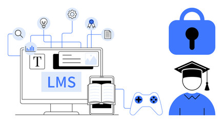 A computer screen with LMS, a smartphone, an open book, and icons representing a padlock and a graduate. Ideal for e-learning, technology, online courses, digital education, cyber security. Clean