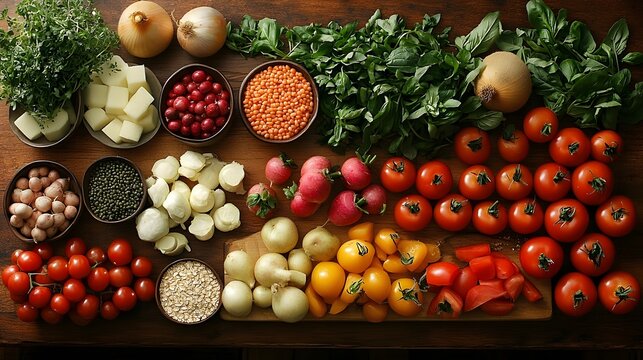 A vibrant overhead shot of a variety of fresh, healthy ingredients such as fruits, vegetables