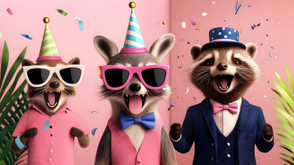 Celebration Party Raccoons Joyful Fun Colorful Attire Sunglasses Hats Confetti Smiles Background