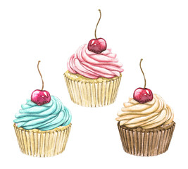 Set with three various cupcakes with cherry isolated on white background. Watercolor hand drawn illustration..