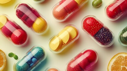 variety of colorful fruit and vegetable capsules filled with essential multivitamins for vibrant health and wellness supporting immune system and overall vitality