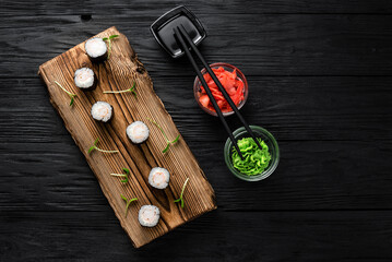 Maki Rolls with Fish and Microgreens, Minimalist Flat Lay