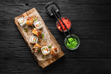 Fresh Sushi Rolls with Salmon and Avocado, Flat Lay Minimalistic Design