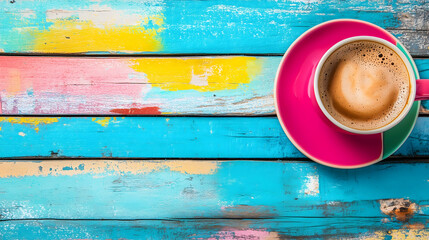 Colorful Coffee Cup Bright Wooden Background Artistic Table Decor