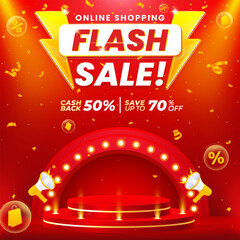 Realistic flash sale special offer banner template design background with podium
