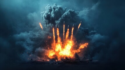 military bombing or air strike burning target location with missile rockets and shells with fire and smoke at destroyed warzone for world war and explosion concepts, wide copy space, Generative AI