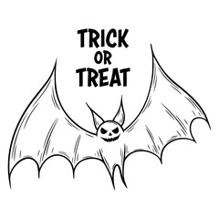 Sinister laughing Halloween bat illustration in line art style and Trick or Treat text. Graphic monochrome drawing. Hand drawn outline sketch, engraved doodle illustration. For coloring, invitation
