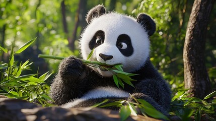 Fototapeta premium Black-and-white panda eating bamboo amidst trees & rock outcropping in forest background