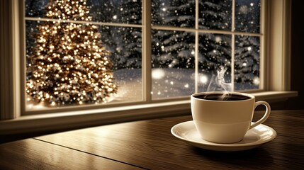 A warm and inviting setting features a cup of coffee placed on a table, beside a soft blanket and natural decorations, all enhanced by a snowfall backdrop