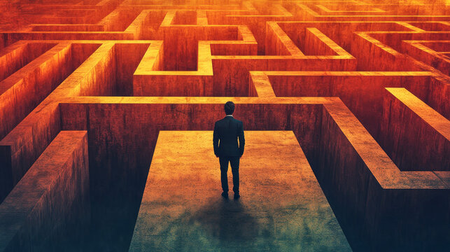 A man navigates a complex maze at dusk, reflecting on the challenges of decision-making