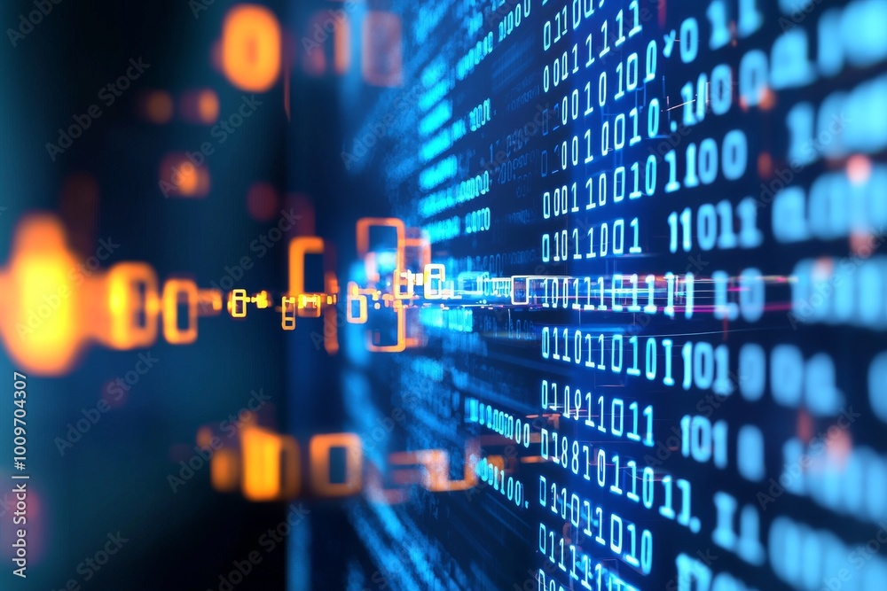 Poster data on computer screen in blue digital binary format