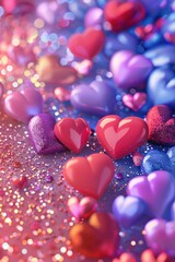 Obraz premium Vibrant Valentine's Day Background with Colorful Cartoon Hearts and Glitter for Social Media Design