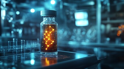 advanced medical technology in a futuristic lab with a high-tech glowing vial of personalized cancer medicine representing precision treatment and innovations in healthcare