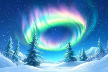 Naklejka premium Aurora lights reflected in snowy landscape. Elegant wallpaper with space for text.