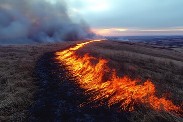Fototapeta premium A raging wildfire consumes a vast expanse of dry grassland, leaving a trail of destruction in its wake.