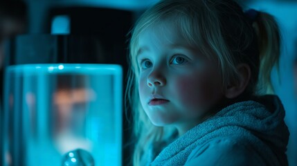 Girl Looking at Light Display: Curiosity and Wonder