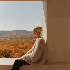 Fototapeta premium Woman by Window with Mountain View in Autumn