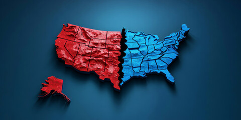 Split map of the USA shows political polarization and party divisions 2024