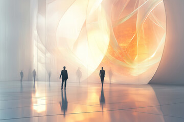 Mysterious figures navigate a futuristic space bathed in ethereal light, exploring creativity and wonder in a blurred ambiance
