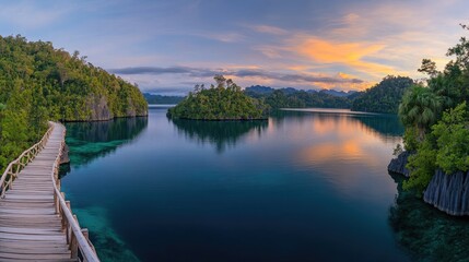 Fototapeta premium A peaceful wooden walkway stretches toward a tropical island, flanked by palm trees, while the sun sets over the calm, crystal-clear waters creating a serene atmosphere