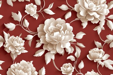 The ornate red damask pattern creates a sumptuous wallpaper, ideal for adding a touch of elegance.